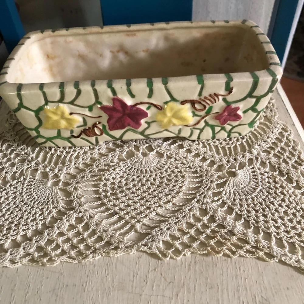 Vintage Ceramic Planter w Ivy & Stone Wall Motif